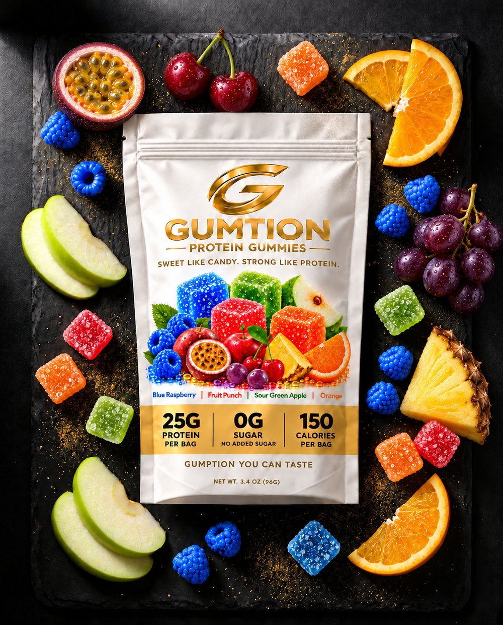 Gumtion Protein Gummies pouch with fruit