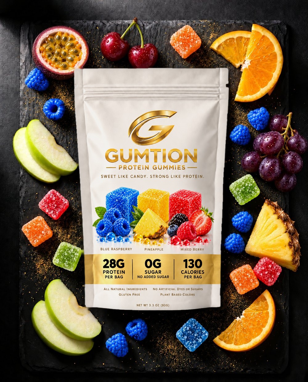 Gumtion Protein Gummies pouch with fruit