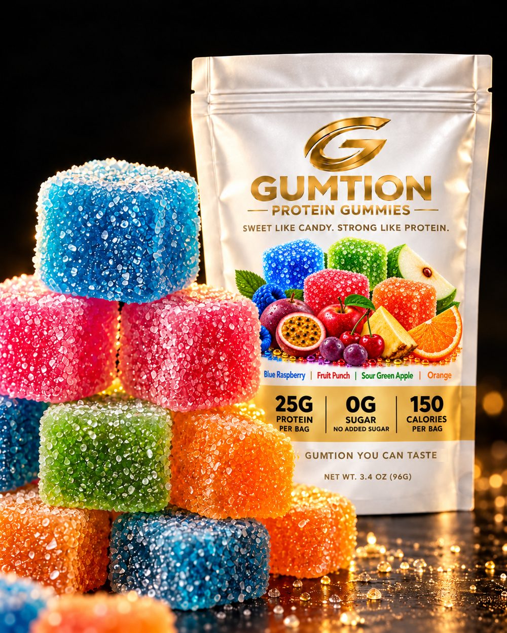 Sugar-coated Gumtion gummy cubes next to a Gumtion Protein Gummies pouch