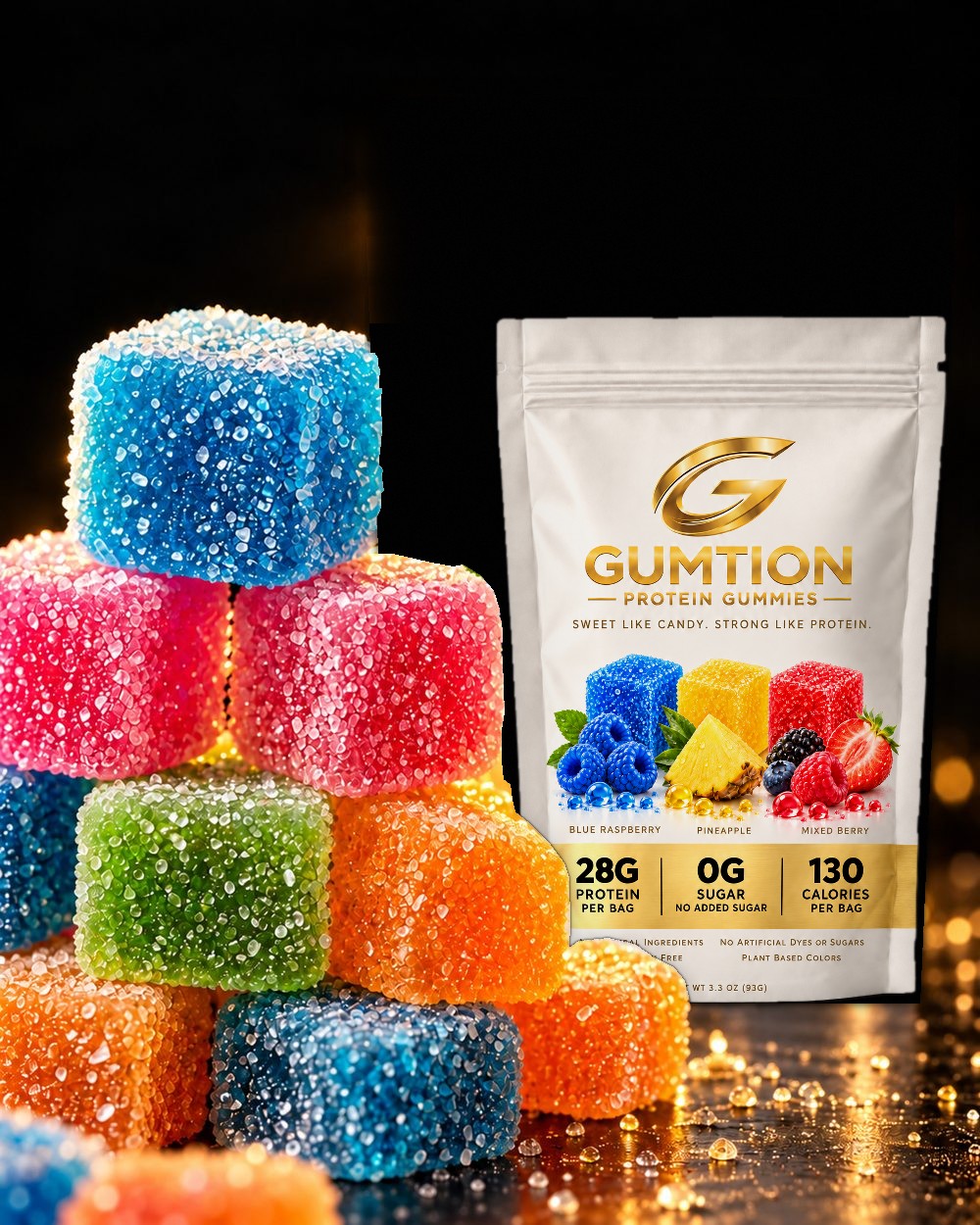 Sugar-coated Gumtion gummy cubes next to a Gumtion Protein Gummies pouch